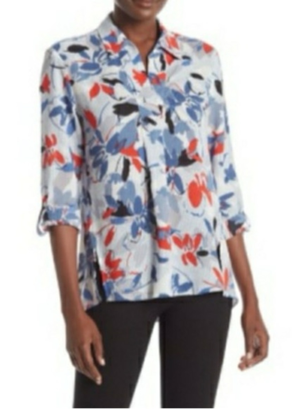 Jones New York Floral Button-Front Roll-Sleeve Blouse - Blue/Red/Black